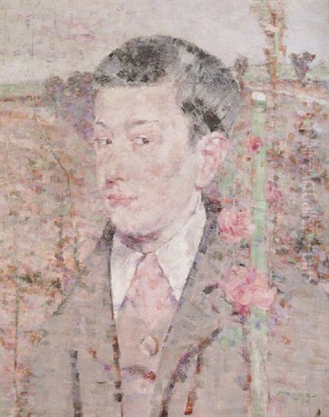 Portrait Of A Boy Wearing A Grey Suit And Pink Cravat, In A Summer Landscape Oil Painting by John Quinton Pringle