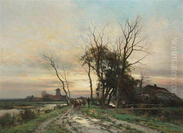 Retour Des Champs Au Coucher De Soleil Oil Painting by Ferdinand De Prins