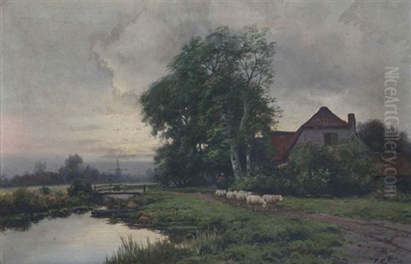 Paysage Aquatique En Hollande Anime D'une Bergere Aux Moutons Pres D'une Ferme Oil Painting by Ferdinand De Prins