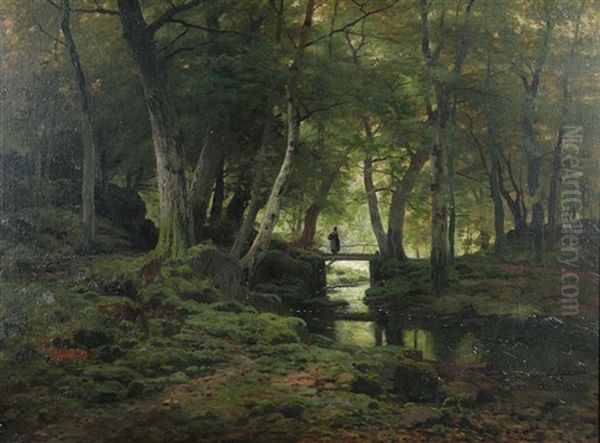 Paysanne Sur Le Pont Dans La Foret Oil Painting by Ferdinand De Prins