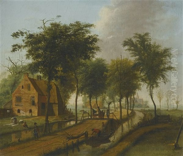 Landscape With A Brick House And A Horsecart Alongside A Canal Oil Painting by Johannes Huibert (Hendric) Prins