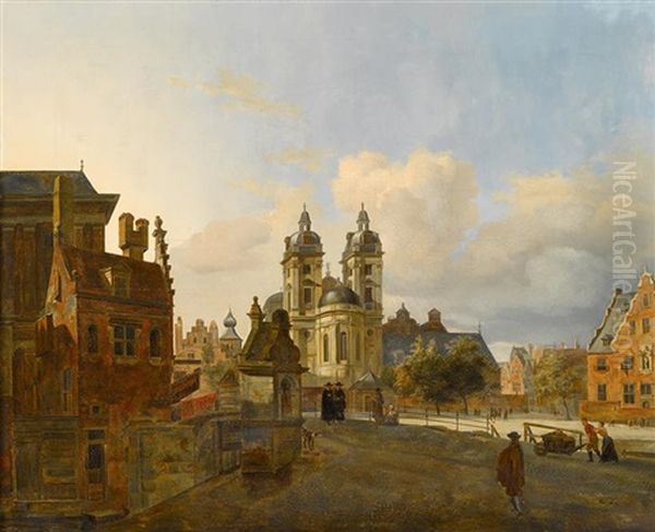 Town Scene With Figures Oil Painting by Johannes Huibert (Hendric) Prins