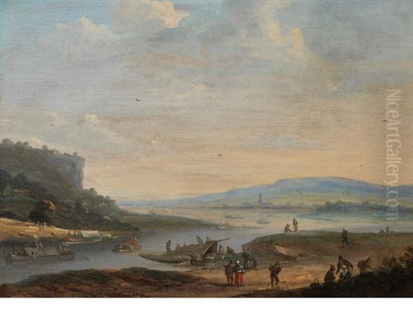 A Coastal Inlet With Figures Loading Barges, A Town In The Distance Oil Painting by Johannes Huibert (Hendric) Prins