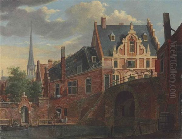 A Canal View With A Church In The Distance Oil Painting by Johannes Huibert (Hendric) Prins