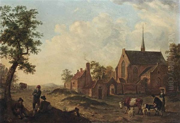 Travellers And Herdsmen Resting With Cattle By A Village Church Oil Painting by Johannes Huibert (Hendric) Prins