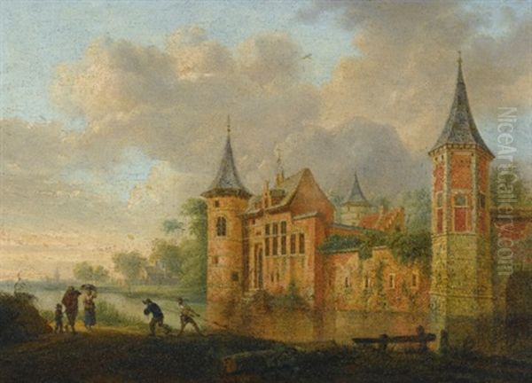 A River Landscape With A Castle And Peasants Fishing In The Foreground (2 Works) Oil Painting by Johannes Huibert (Hendric) Prins