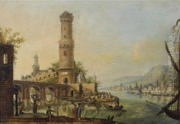 A Capriccio Of The Rhine With Elegant Figures On The Banks, Figures Unloading Fishing Boats Beyond Oil Painting by Johannes Huibert (Hendric) Prins