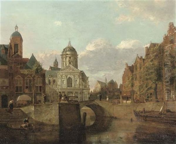 A Capriccio Townscape With Houses And A Baroque Church On A Canal Oil Painting by Johannes Huibert (Hendric) Prins