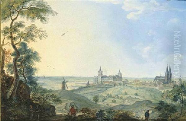 A Panoramic View Of Cleves With Monks And A Traveller On A Track In The Foreground Oil Painting by Johannes Huibert (Hendric) Prins