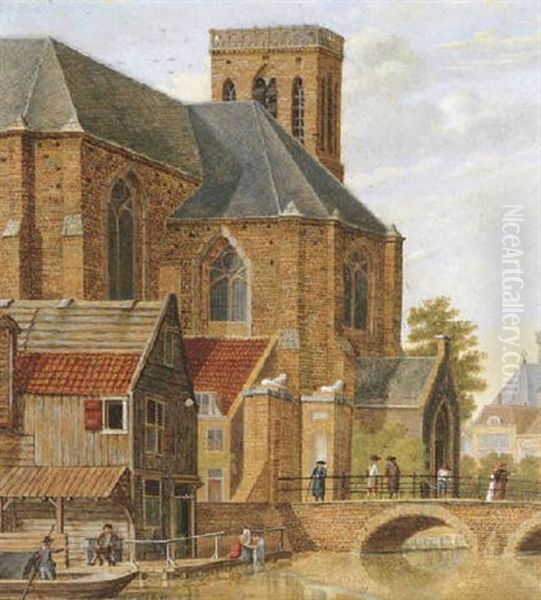 A Capriccio Of A Church By A Canal Oil Painting by Johannes Huibert (Hendric) Prins