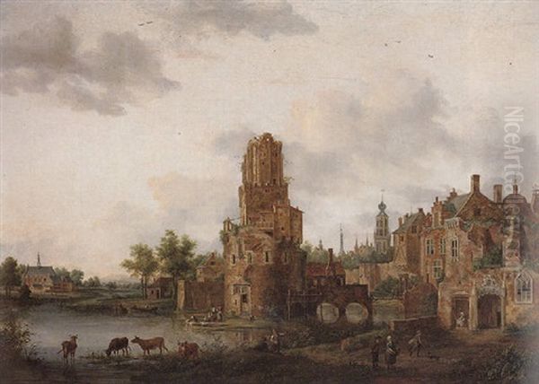 A Capriccio View Of A Dutch Town Oil Painting by Johannes Huibert (Hendric) Prins