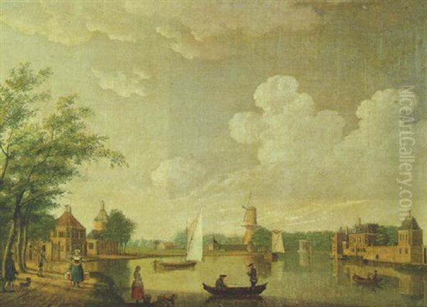 Countryfolk By A River, A Walled Mansion And A Windmill Beyond Oil Painting by Johannes Huibert (Hendric) Prins