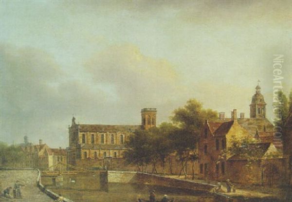 A Town By A River Oil Painting by Johannes Huibert (Hendric) Prins