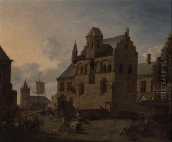 Un Marche Sur La Place D'une Ville Hollandaise Oil Painting by Johannes Huibert (Hendric) Prins