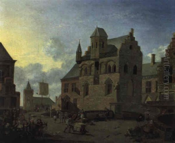 Belebter Marktplatz In Einer Hollandischen Stadt Oil Painting by Johannes Huibert (Hendric) Prins