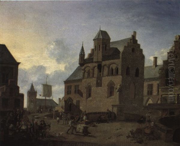 Capriccio Of A Dutch Town With A Vegetable Stall And Townsfolk Oil Painting by Johannes Huibert (Hendric) Prins