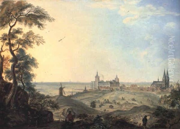 Panoramic View Of Cleves With A Horseman And Monks Oil Painting by Johannes Huibert (Hendric) Prins