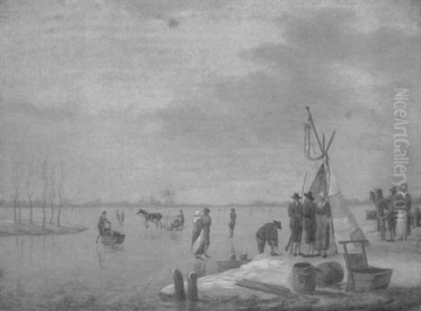 A Dutch Frozen River Landscape With Figures Skating Oil Painting by Johannes Huibert (Hendric) Prins