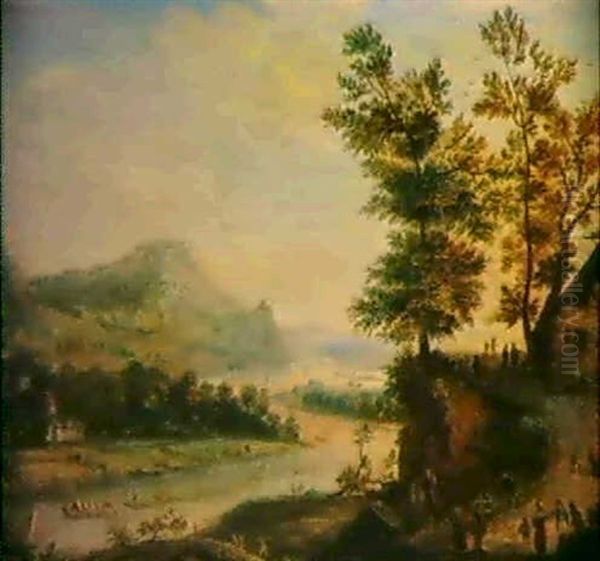 Flusslandschaft Mit Flossern Oil Painting by Johannes Huibert (Hendric) Prins