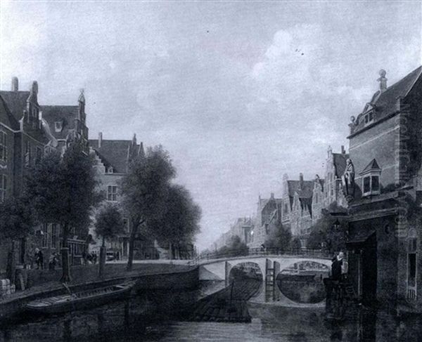 A View Of A Canal In Amsterdam Oil Painting by Johannes Huibert (Hendric) Prins