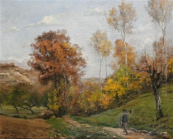 Figure Walking On A Wooded Lane Oil Painting by Pierre Ernest Prins