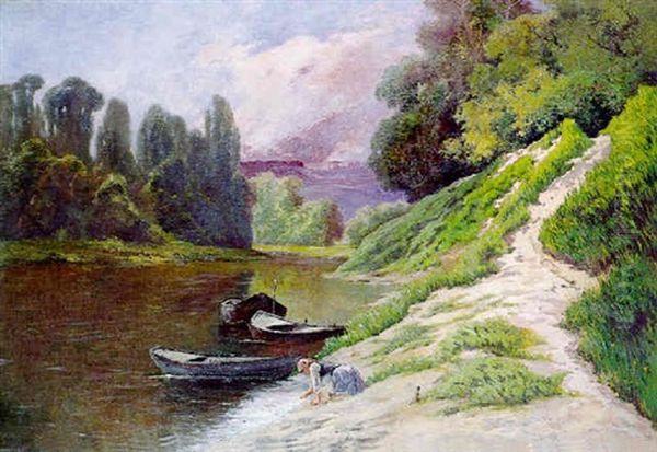 Lavandiere En Bord De Riviere Oil Painting by Pierre Ernest Prins