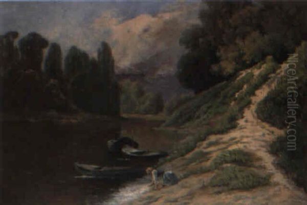 Lavandiere Au Bord De La Riviere Et Trois Barques Oil Painting by Pierre Ernest Prins