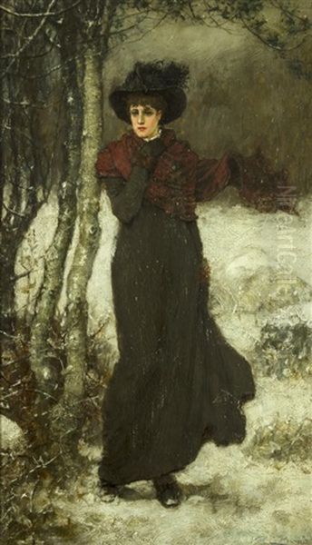 A Lady In A Winter Woodland Oil Painting by Valentine Cameron Prinsep