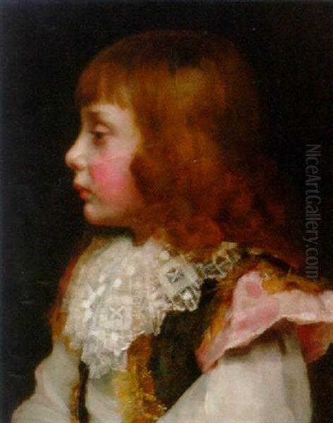 Portrait Of A Boy In A Brown Waistcoat And White Lace Collar Oil Painting by Valentine Cameron Prinsep