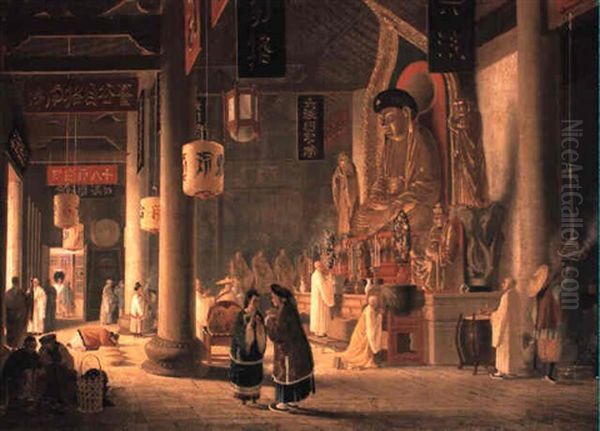 Interior View Of Chinese Temple With Figures Oil Painting by William Prinsep