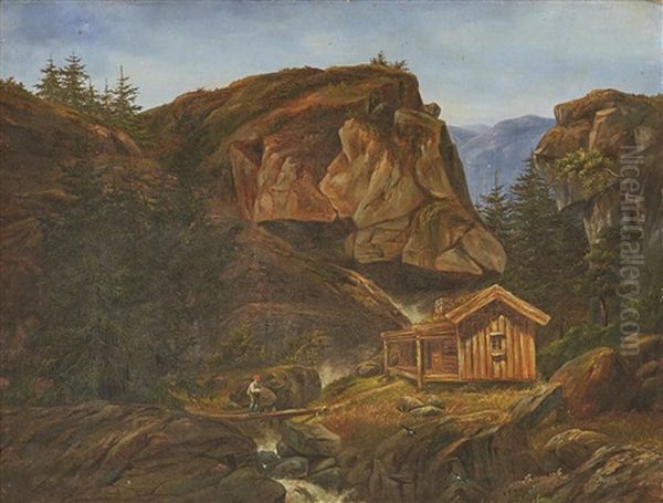 Stuga I Bergslandskap Oil Painting by Christian August Printz