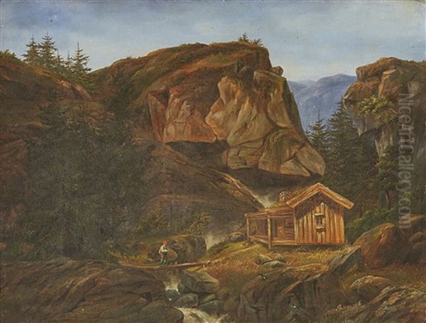 Cottage In A Mountain Landscape Oil Painting by Christian August Printz