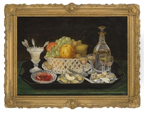 Still Life With Fruit Basket And Dessert Wine Oil Painting by Christian August Printz