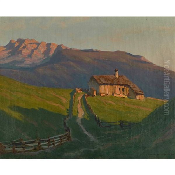 Hutte Mit Grimmingstock In Der Abendsonne Oil Painting by Karl Ludwig Prinz