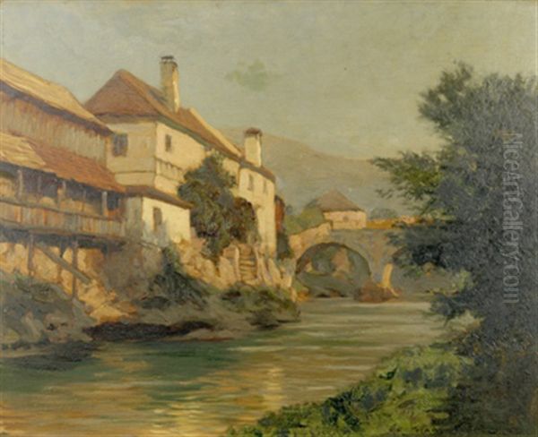 Hauser Am Flus Mit Steinbrucke, Wohl An Der Ybbs Oil Painting by Karl Ludwig Prinz