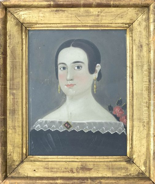 Primitive Portrait Of A Young Woman With Rosy Cheeks Wearing Gold Earrings Oil Painting by William Matthew Prior