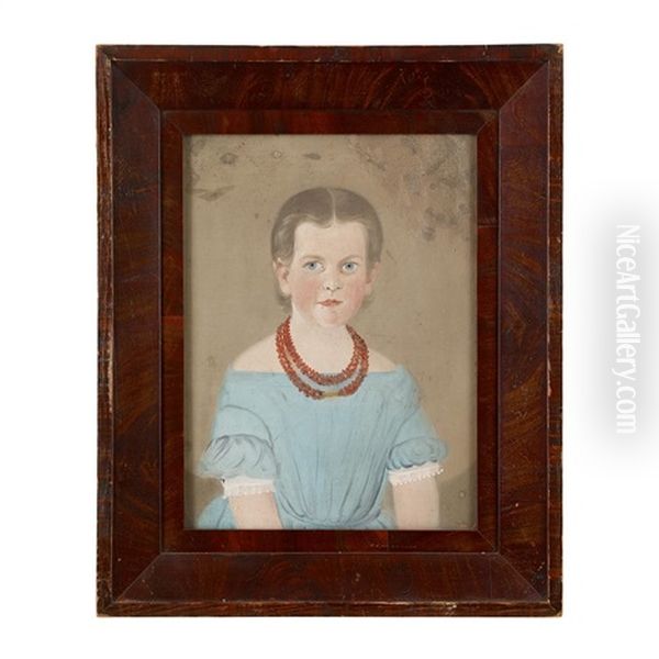 Portrait Of A Little Girl In A Blue Dress Wearing Garnet Necklace Oil Painting by William Matthew Prior