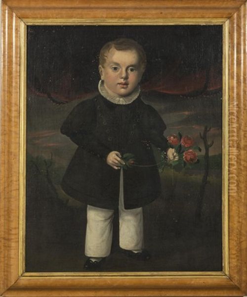 Full-length Portrait Of A Young Boy In A Ruffed Collar And Dark Coat Holding A Bunch Of Red Roses Oil Painting by William Matthew Prior