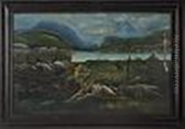 Landscape With Native Americans Standing By A Lake With Mountains In The Distance Oil Painting by William Matthew Prior