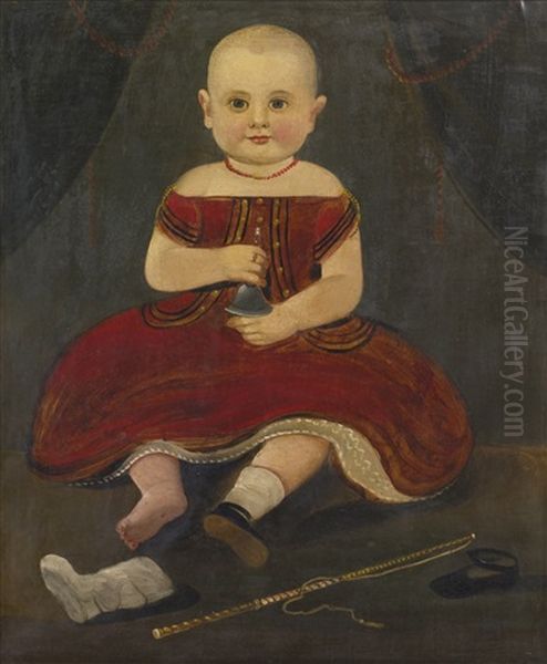 Portrait Of A Child In A Red Holding A Silver Bell Oil Painting by William Matthew Prior