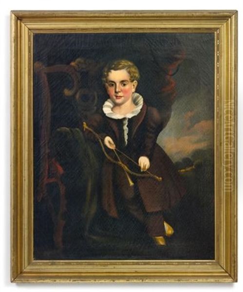 Portrait Of A Young Boy With Flounced Collar And Brown Suit Holding A Bow And Arrow, Leaning On A Chippendale Chair Oil Painting by William Matthew Prior