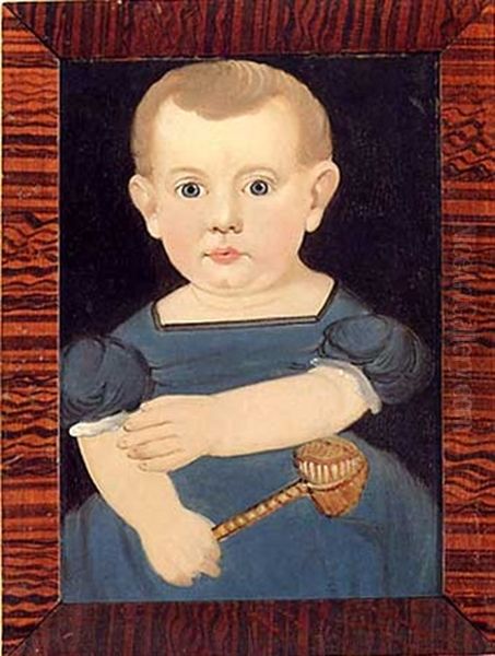 Portrait Of A Baby In A Blue Lace-trimmed Dress, Holding A Wicker Rattle Oil Painting by William Matthew Prior