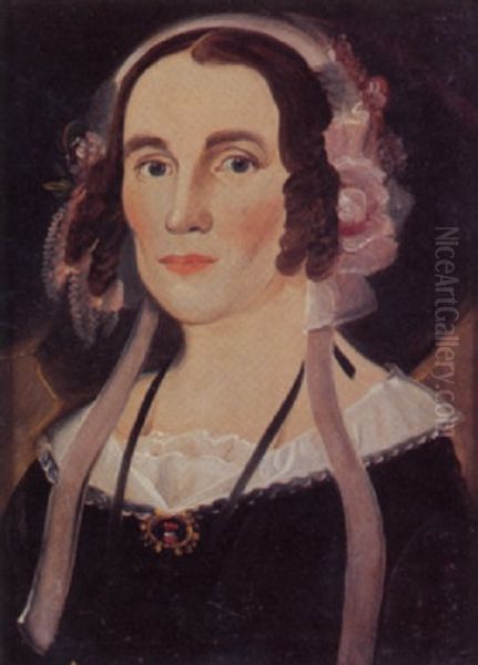 Portrait Of Young Woman In Bonnet With Pink Ribbons And Ruffles Wearing A Black Dress With White Lace Collar Oil Painting by William Matthew Prior