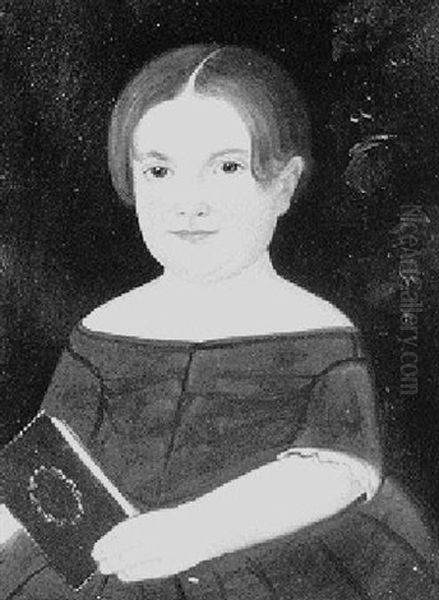 Portrait Of A Child In Red Holding A Green Book, Foliage Visible Behind Oil Painting by William Matthew Prior