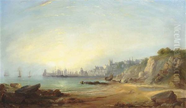 Figures On The Beach At Sunset, A Coastal Town Beyond Oil Painting by Edward F. D. Pritchard