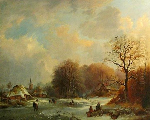 A Winter Landscape With Figures Skating On A Frozen River by Edward F. D. Pritchard