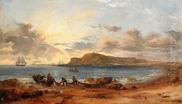 Portland Island From The Beach At Sandsfoot Castle, Portland Bay Oil Painting by Edward F. D. Pritchard