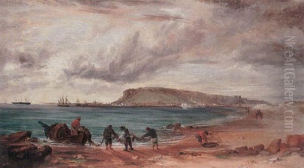 Portland Island From The Beach At Sandsfoot Castle, Portland Bay Oil Painting by Edward F. D. Pritchard