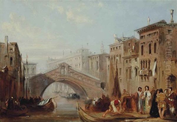 Elegant Figures Before The Rialto Bridge, Venice Oil Painting by Edward Pritchett