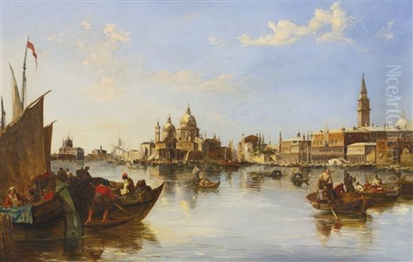 Gondolas And Fishing Boats At The Mouth Of The Grand Canal, Venice Oil Painting by Edward Pritchett